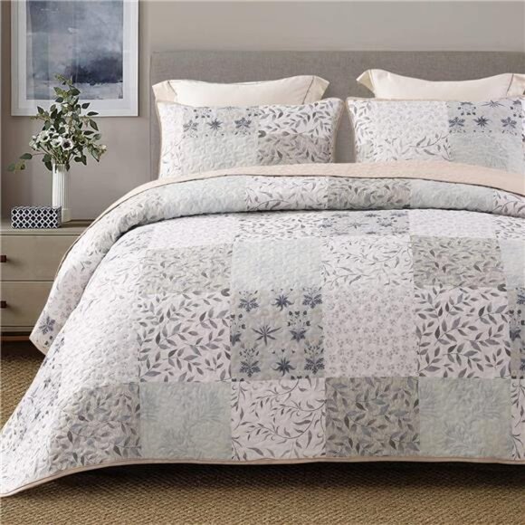 Reversible Boho Quilt Set Queen Size, 3 Pieces Patchwork Gray - Picture 1 of 7